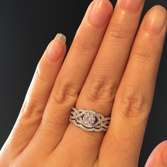 2pcs 925 Silver Engagement Ring Wedding Band Set - Picture 4 of 5